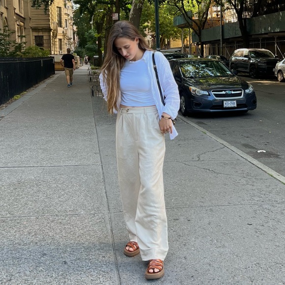 Beige Women's Linen Trousers - Picture 1 of 7